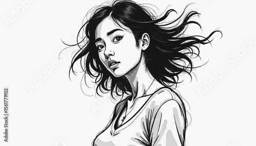 Illustration of a woman with flowing hair looking confidently
