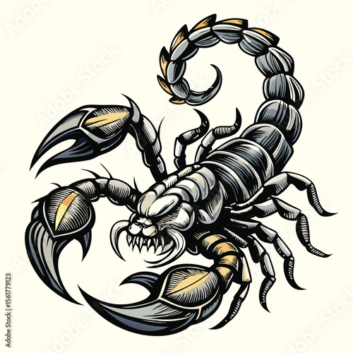 Aggressive scorpion illustration with sharp claws and curled tail