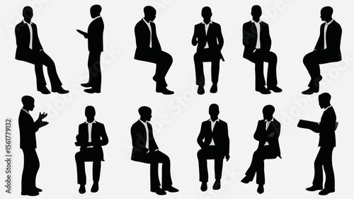 Silhouette illustrations of business people in various poses including sitting and standing postures shown here
