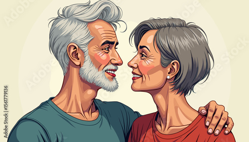 Elderly couple smiling at each other in a warm embrace