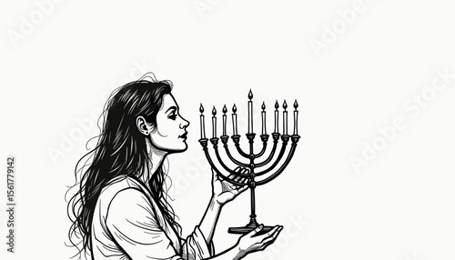 Woman holding menorah in profile view