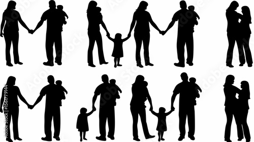 Silhouettes of families with parents holding hands with children and babies in black and white image
