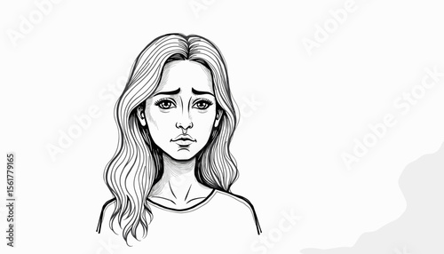 Sad young woman with long hair against plain background