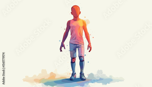 Youthful figure standing confidently against a colorful background