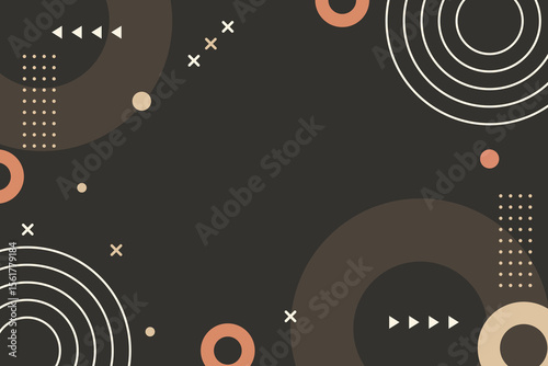 Retro abstract background with circles and geometric shapes on dark brown