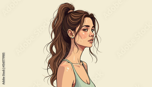 Portrait of a young woman with a ponytail looking thoughtfully