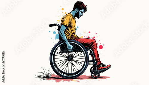 Man in wheelchair feeling contemplative against colorful background