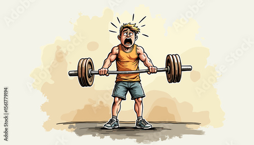 Struggling young man lifting weights in gym