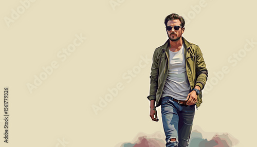 Man walking confidently in casual attire against a plain backdrop