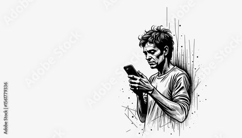Young man looking at smartphone in urban sketch style