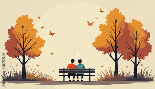 Two people enjoying autumn scenery on a park bench