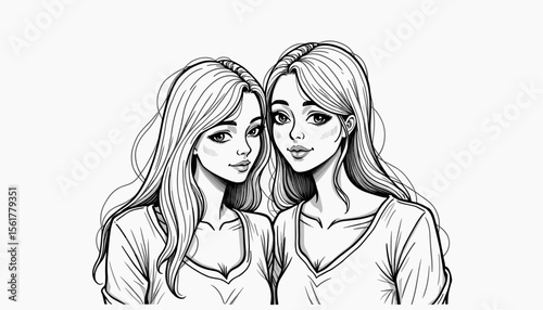 Two women smiling together in monochrome illustration