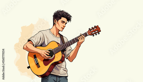 Young man playing guitar with focus against a light background