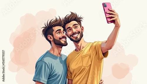 Two friends smiling while taking a selfie against a light background
