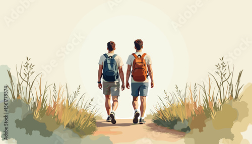 Two young men walking on a path in nature