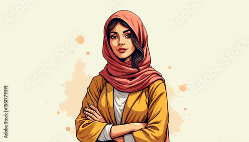 Confident woman in a hijab with arms crossed against a light background