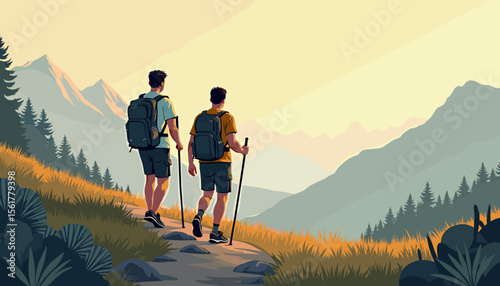 Two hikers exploring a mountain trail at sunset