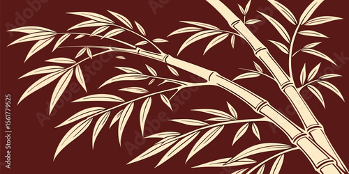 Japanese-style bamboo ink illustration painting in red background vector illustration 