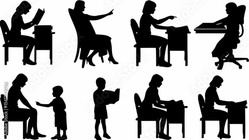 Silhouettes depicting various people reading, writing, and interacting in different scenarios and settings