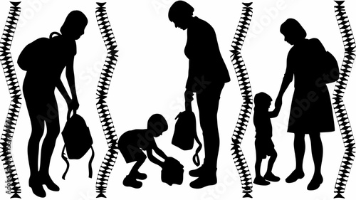 Black silhouettes of people with backpacks and decorative borders on a white background
