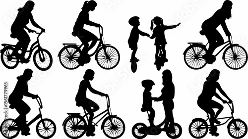 Silhouettes of women and children riding bicycles and unicycles in various poses and orientations