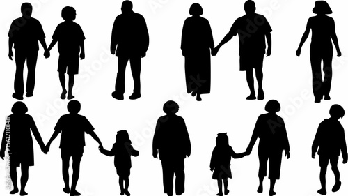 Silhouette depictions of families and couples holding hands and walking together on a white background