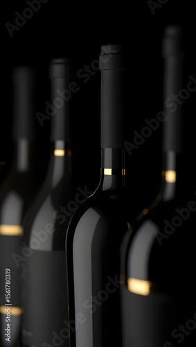 Elegant dark wine bottles row still life photography for wine lovers and connoisseurs stock photo