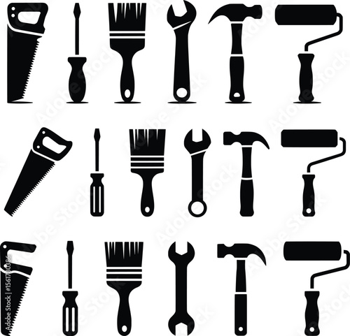 Silhouette Set of Hand Tools for Construction and DIY Projects.