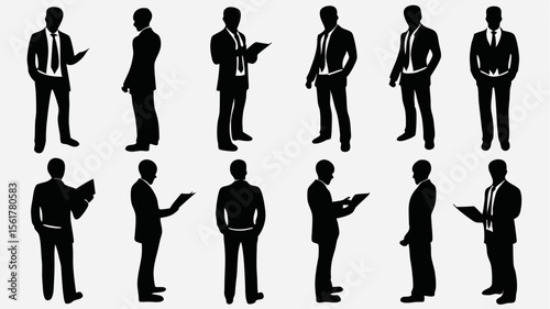 Silhouettes of business men in suits holding documents and standing in various poses on a white background