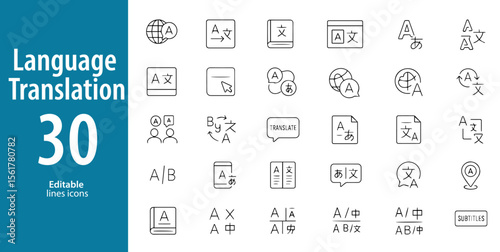 Language Translation Line Icons, Dictionary, Chat Bubbles, Translate App, Multilingual Communication, Global Language, Document Translation, and More, Editable Formats: AI, EPS, JPG, PNG, 