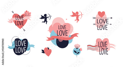 Collection of Valentine's Day themed love icons with hearts and cupids for romantic celebrations and expressions of affection