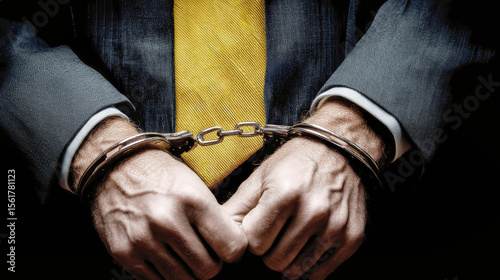 Businessman in handcuffs against black background with prominent yellow tie and suit