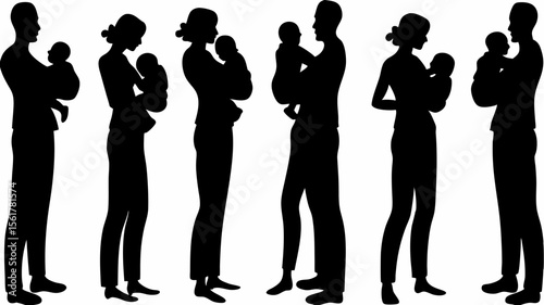 Silhouetted figures of parents holding babies in various poses in a family illustration drawing