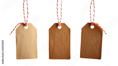 Set collection of three brown natural craft kraft paper hang tags price tags or gift tags with strip