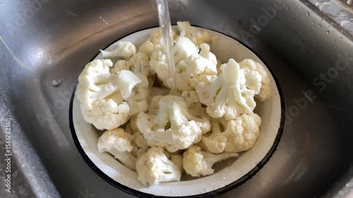 washing fresh cauliflower under kitchen tap water
