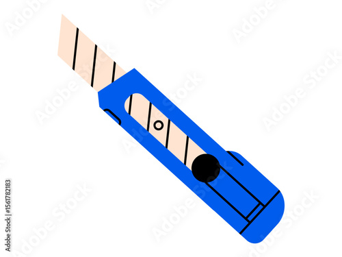 Hand drawn cute illustration of stationery knife. Flat vector office paper cutter doodle. Creative process. Repair or craft sign. Education or study sticker, icon. Back to school. Isolated.