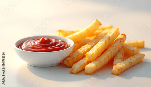 Golden crispy French fries beside a small bowl of ketchup, displayed on a minimalist white surface with soft shadows.  