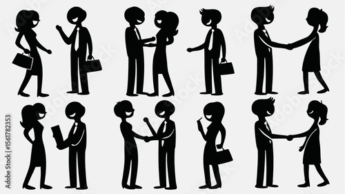 Silhouette illustrations of business people shaking hands and interacting in various business scenarios