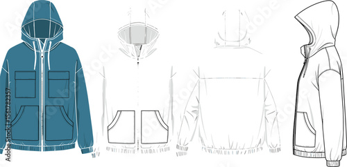 Technical fashion flat of hoodie jacket front, back, side view with pockets, zipper, hood, drawstring, CAD vector illustration