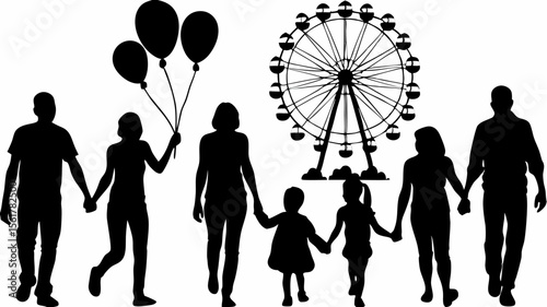 Silhouette of a family holding hands with balloons and a ferris wheel in the background at a park