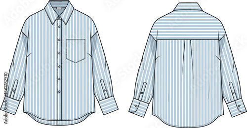 Classic button-up striped shirt front and back view, fashion flat sketch, cad drawing, vector illustration, long sleeve shirt design