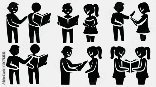Illustration showing people reading and sharing books in a simple black and white graphic style design