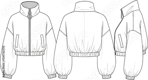 Flat vector technical sketch of cropped bomber jacket, front back side view, zipper details, fashion design cad drawing illustration