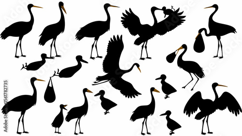 Silhouette illustration of storks and ducks in various poses and carrying babies in bags design