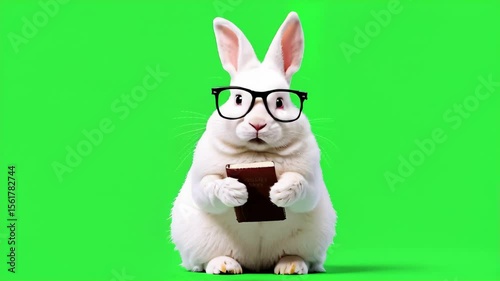 a rabbit wearing glasses is holding a book