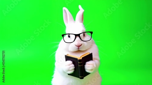 a rabbit wearing glasses is holding a book