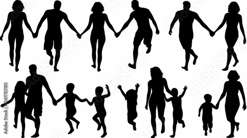 Silhouette of families holding hands and walking together happily in a group formation scene image