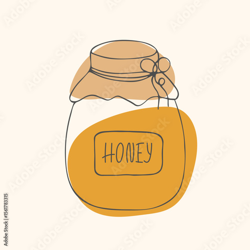 Cute sketch Honey jar with craft paper lid. Sweet natural organic food. Healthy lifestyle. Minimalist Doodle illustration. Ideal for kids book, food blog, stickers, eco friendly packaging design