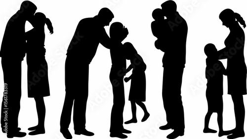 Silhouette illustration of families showing affection and love to each other in black and white