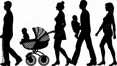 Silhouette illustration of a family walking with a stroller and holding a baby in their arms together